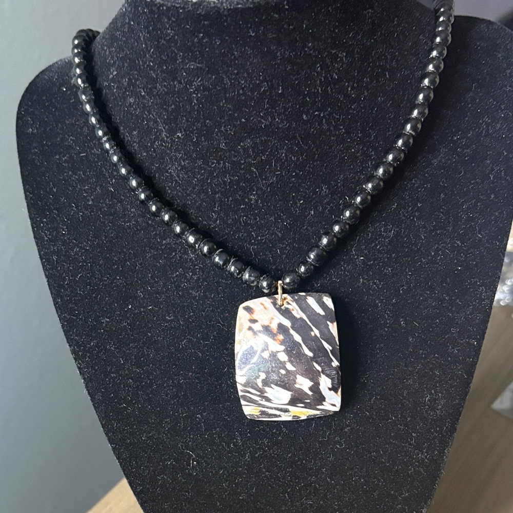 Black Beaded Necklace with Patterned Pendant